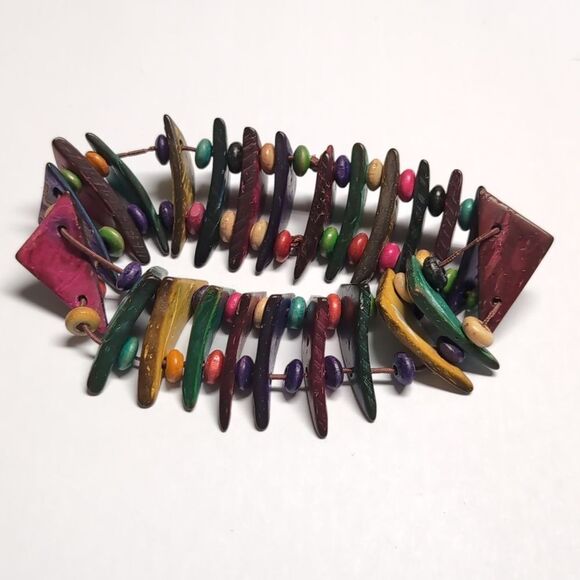 367 Multicolor Wood Beaded Stretch Bracelet - Picture 4 of 4